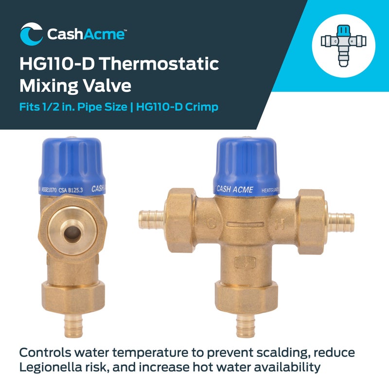 Cash Acme 1/2 Inch HG110 Crimp Thermostatic Mixing Valve with Barb Connections and Integral Checks, Brass Plumbing Fitting, 24506 - Image 2
